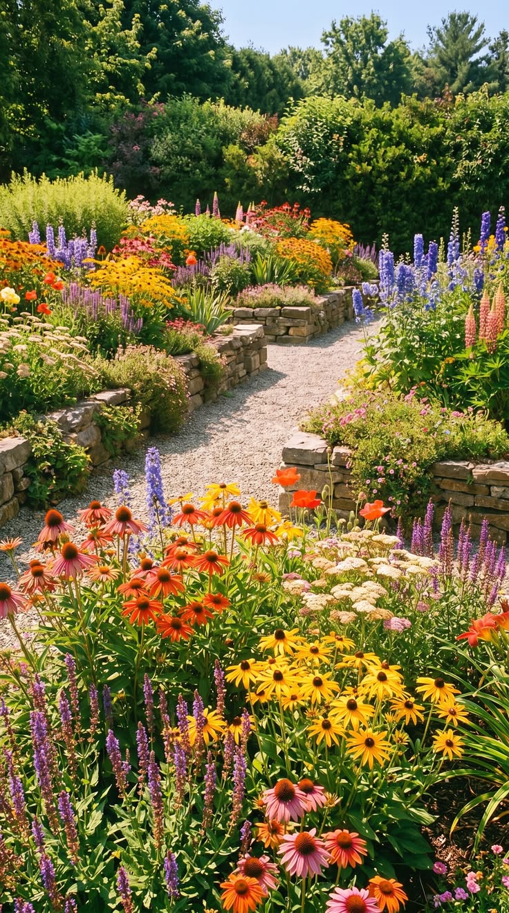 A neighborhood garden in full bloom along a gravel path