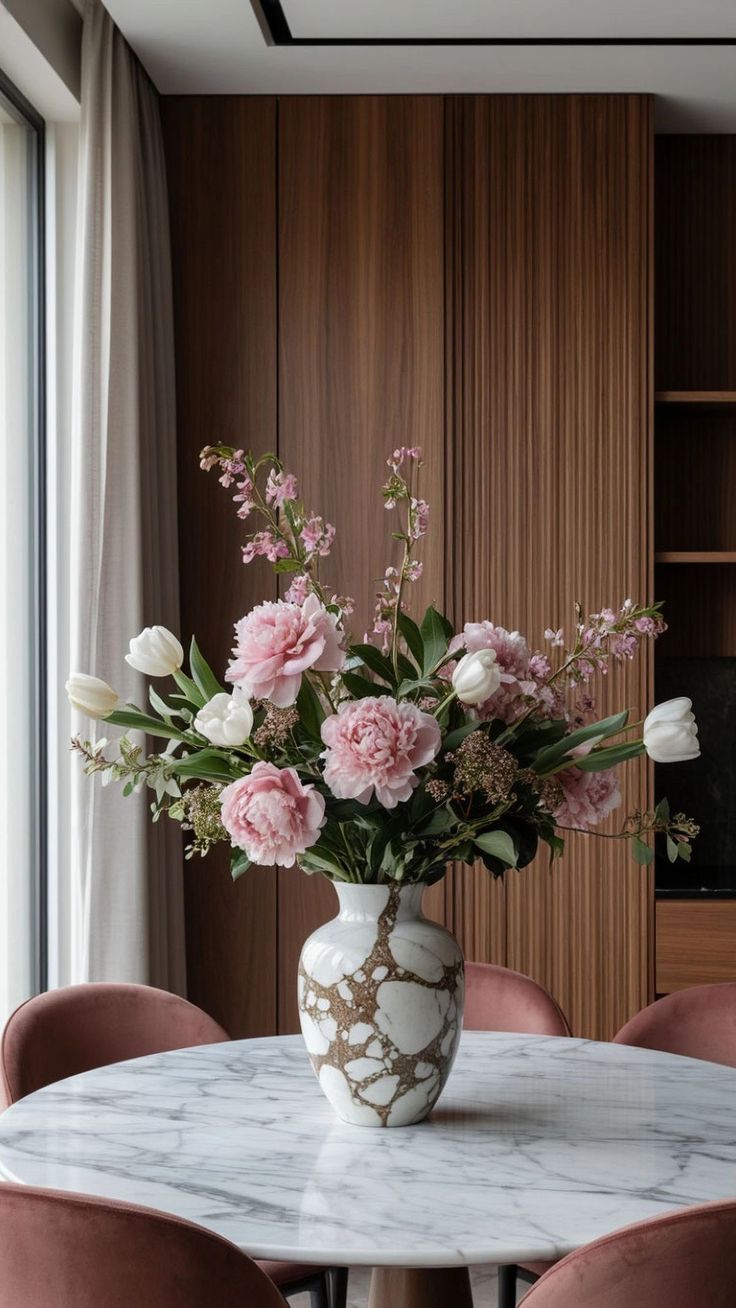 Pink peonies and tulips in a marble vase on a dining table